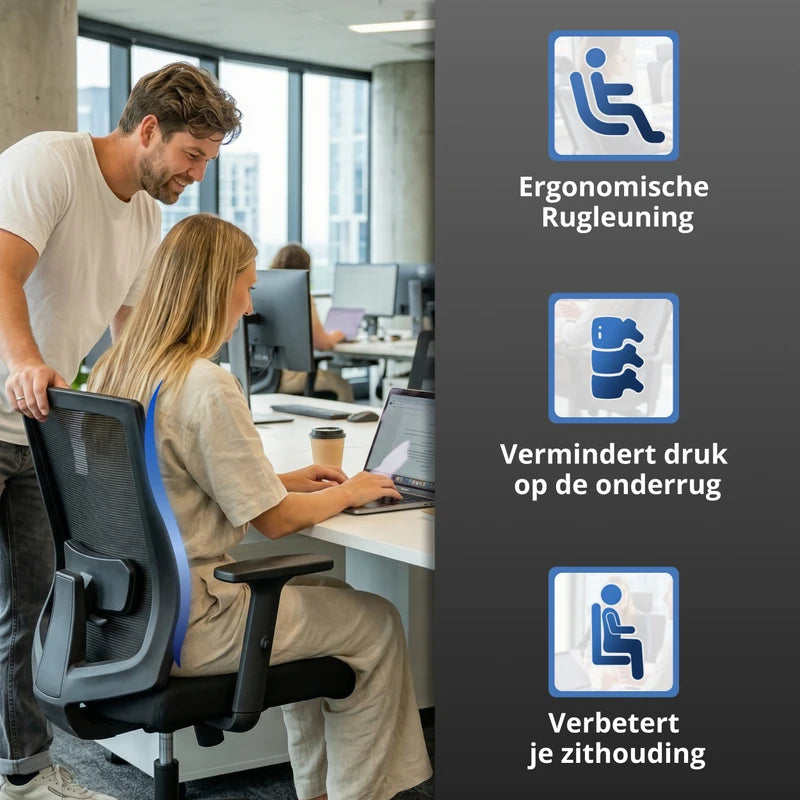Backerz Low mesh bureaustoel met ergonomische rugleuning die druk op de onderrug vermindert en de zithouding verbetert tijdens werk of studie.