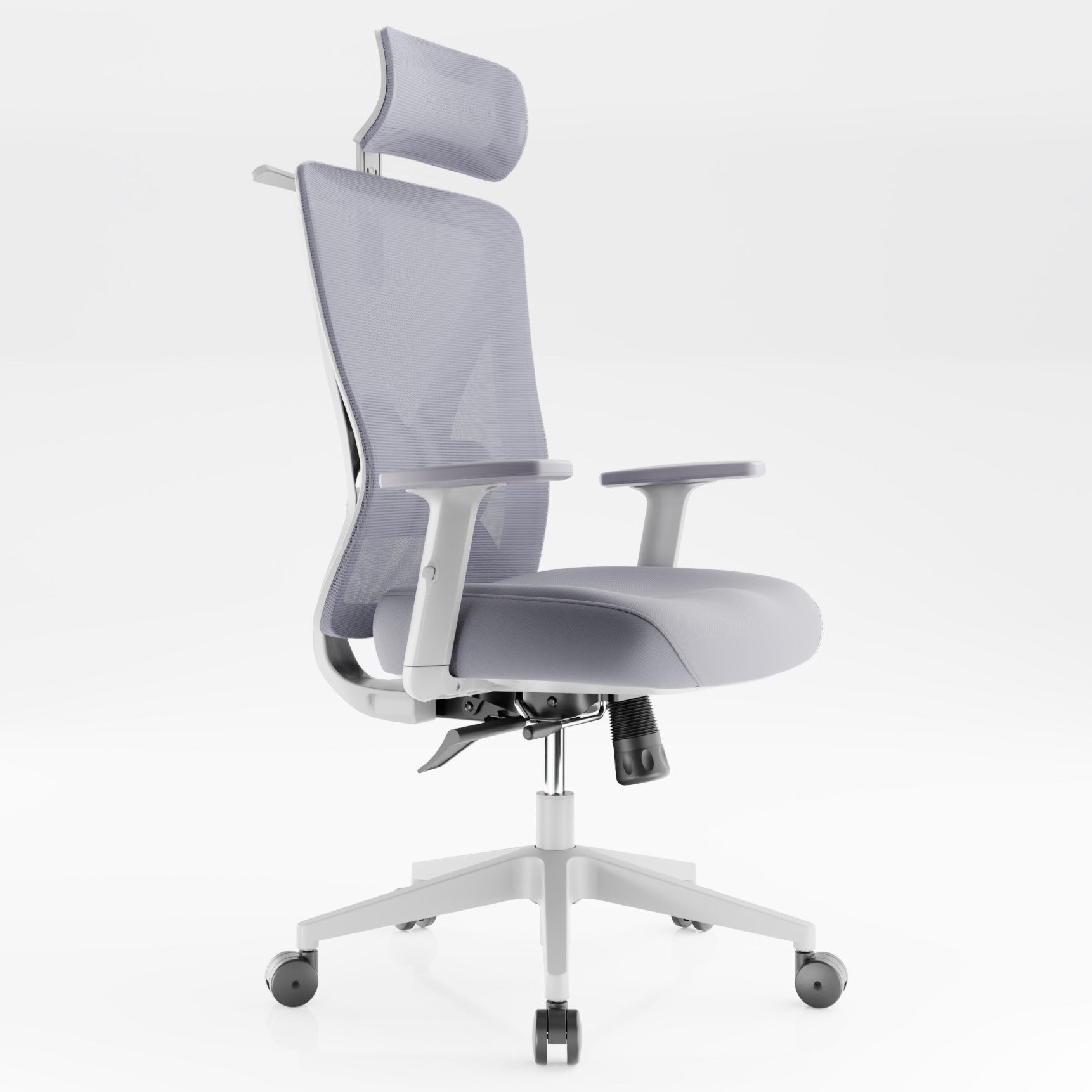 Witte Backerz Motion Mesh bureaustoel met een witte basis, perfect voor een moderne kantooromgeving