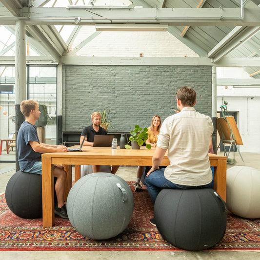 Vier mensen zitten samen aan een tafel, met een comfortabele linnen zitbal erbij.