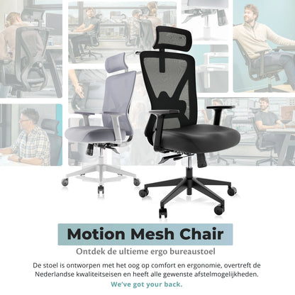 Ergonomische bureaustoel met een modern motion mesh ontwerp, ideaal voor comfort en ondersteuning tijdens het werken.