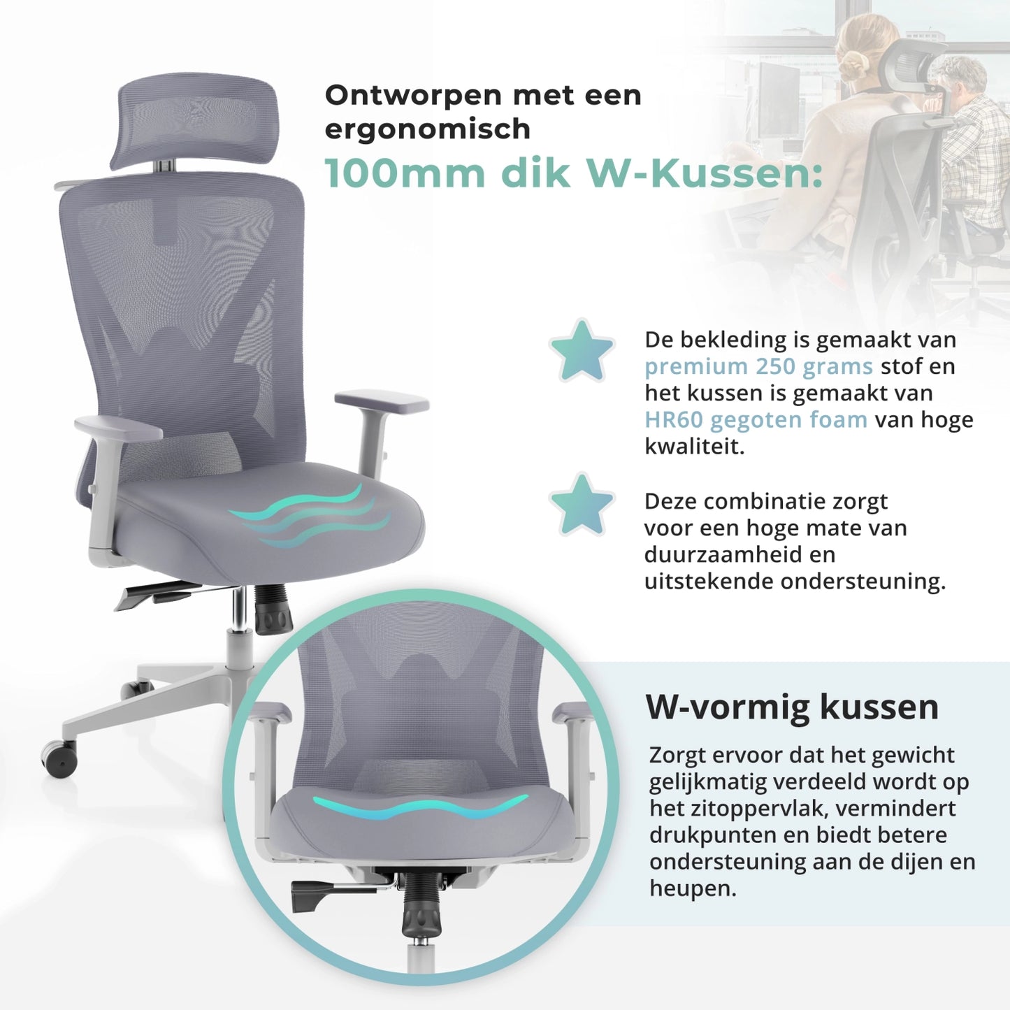Moderne bureaustoel met een mesh rug en zitting, ideaal voor een ergonomische werkplek en langdurig zitten.
