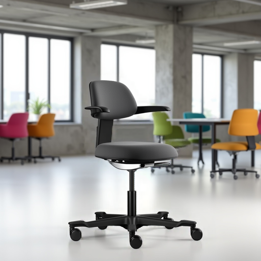 Strakke moderne bureaustoel met een zwarte seat en rug, perfect voor een comfortabele werkplek.