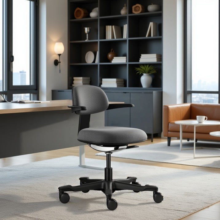 Ergonomische werkkruk met een zwarte zitting en rugleuning, ideaal voor een moderne kantooromgeving.