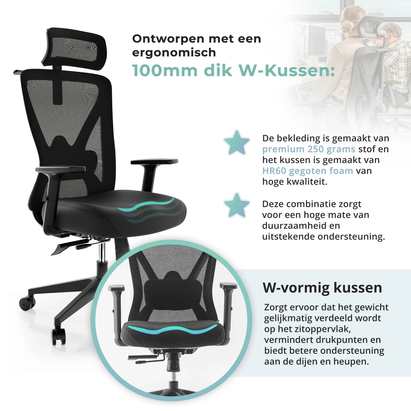 Ergonomische bureaustoel met een zwarte mesh rugleuning en zitting voor optimaal comfort tijdens het werken.