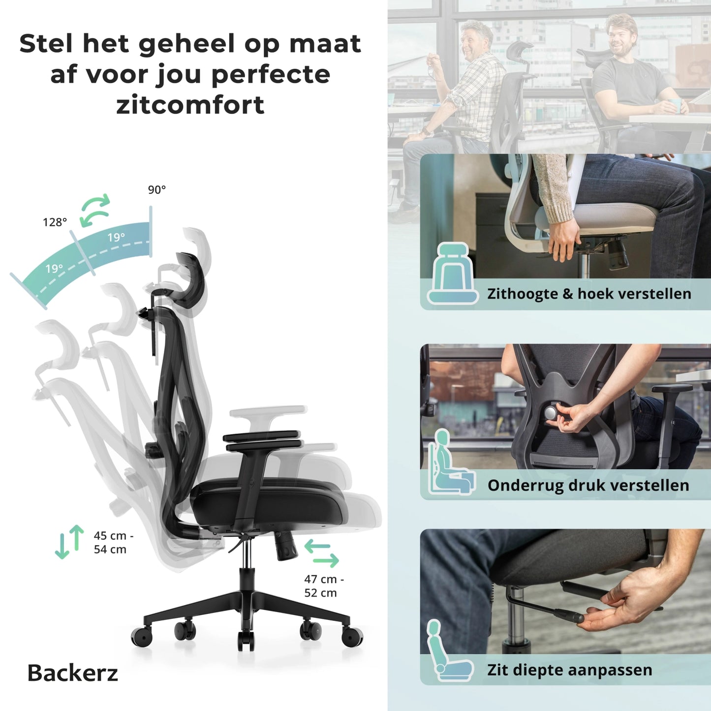 Rugleuning van een ergonomische bureaustoel, benadrukt de comfortabele en ondersteunende eigenschappen.