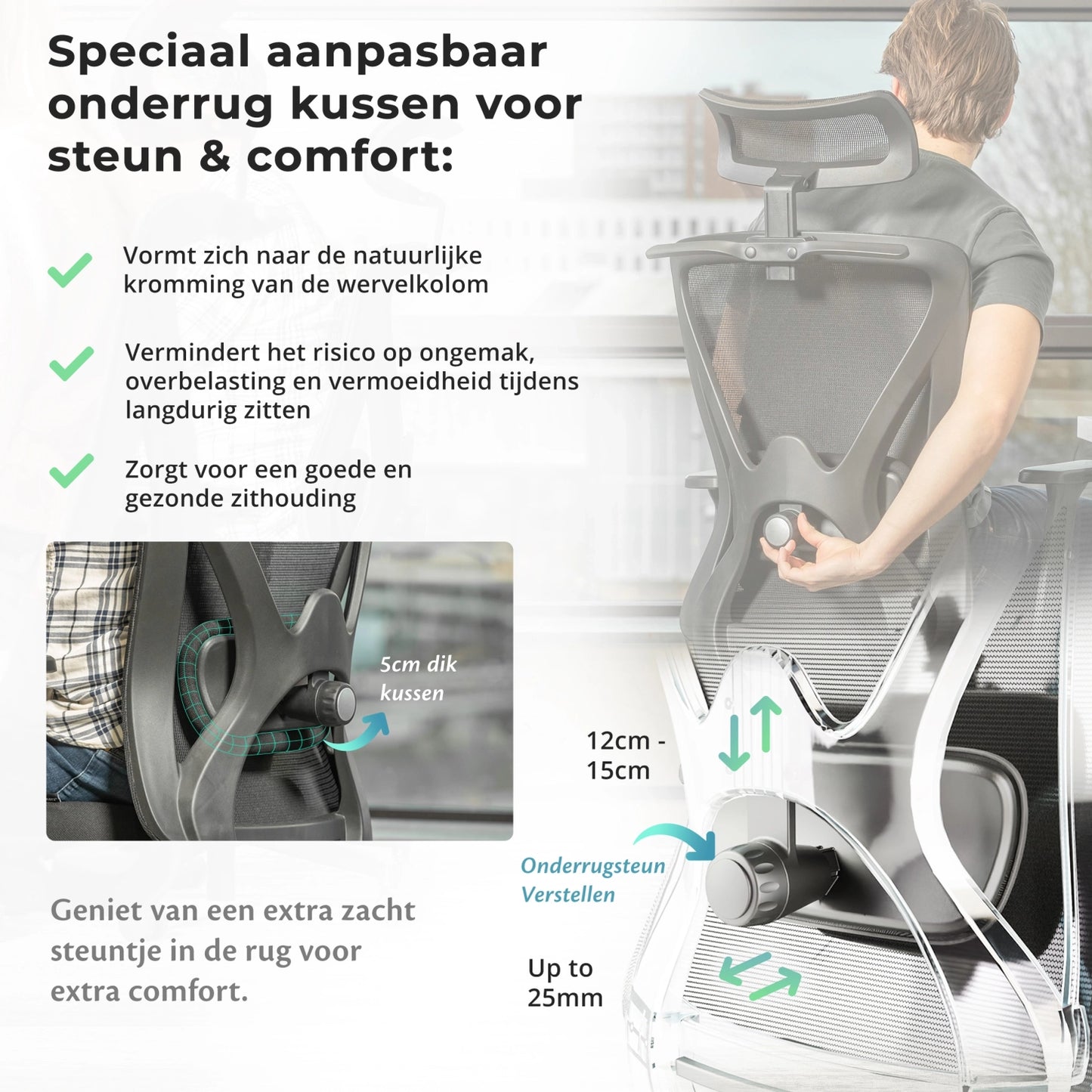 Afbeelding van de rugleuning van een ergonomische bureaustoel, gericht op het bevorderen van een goede zithouding.
