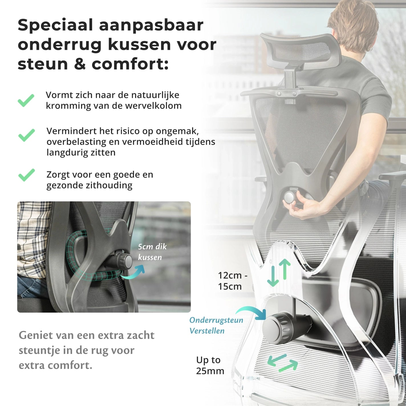 De rugleuning van de ergonomische bureaustoel is zichtbaar, ontworpen voor comfort en ondersteuning tijdens het zitten.||all-all