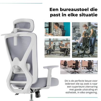 Backerz ergonomische bureaustoel met moderne uitstraling, ontworpen voor comfort en ondersteuning tijdens lange werkuren.