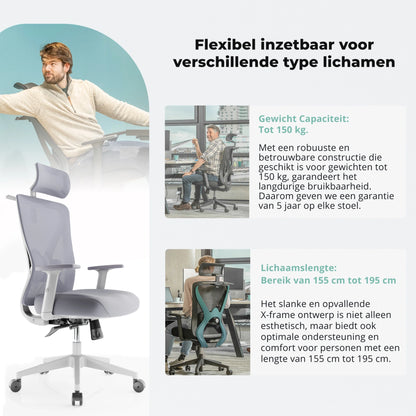 Moderne ergonomische bureaustoel met ondersteuning voor de rug en verstelbare functies voor een gezonde zithouding.