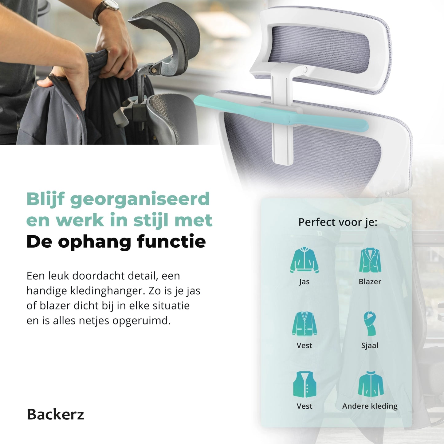 Backerz Motion Mesh bureaustoel met geïntegreerde ophangfunctie, waarbij een jas aan de rugleuning hangt voor een opgeruimde en georganiseerde werkplek.