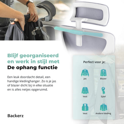 Backerz Motion Mesh bureaustoel met geïntegreerde ophangfunctie, waarbij een jas aan de rugleuning hangt voor een opgeruimde en georganiseerde werkplek.