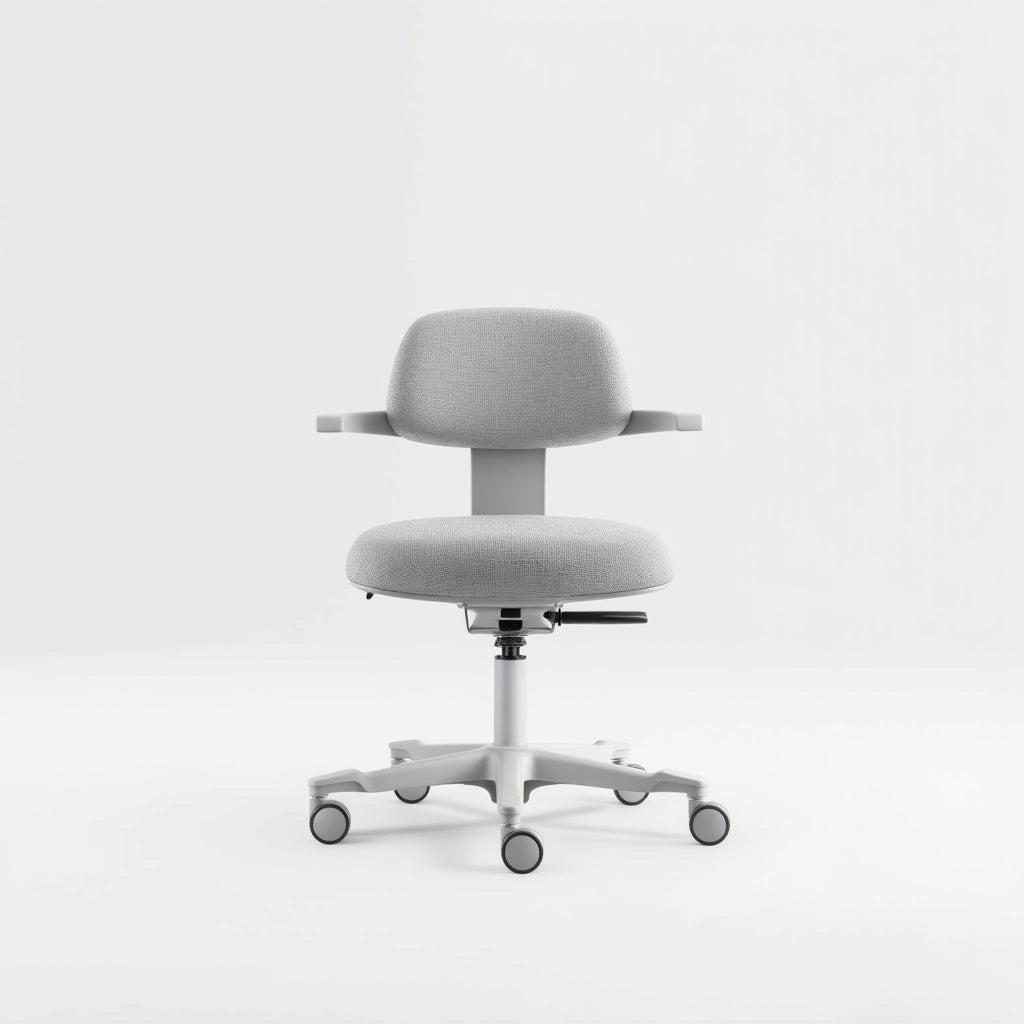 Ergonomische witte werkstoel met een zachte zitting en armsteunen voor extra comfort tijdens het werken.
