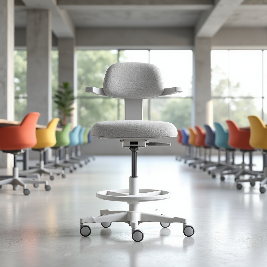 Ergonomische werkkruk in het wit, met een zitting en rugleuning voor extra comfort tijdens het werken.
