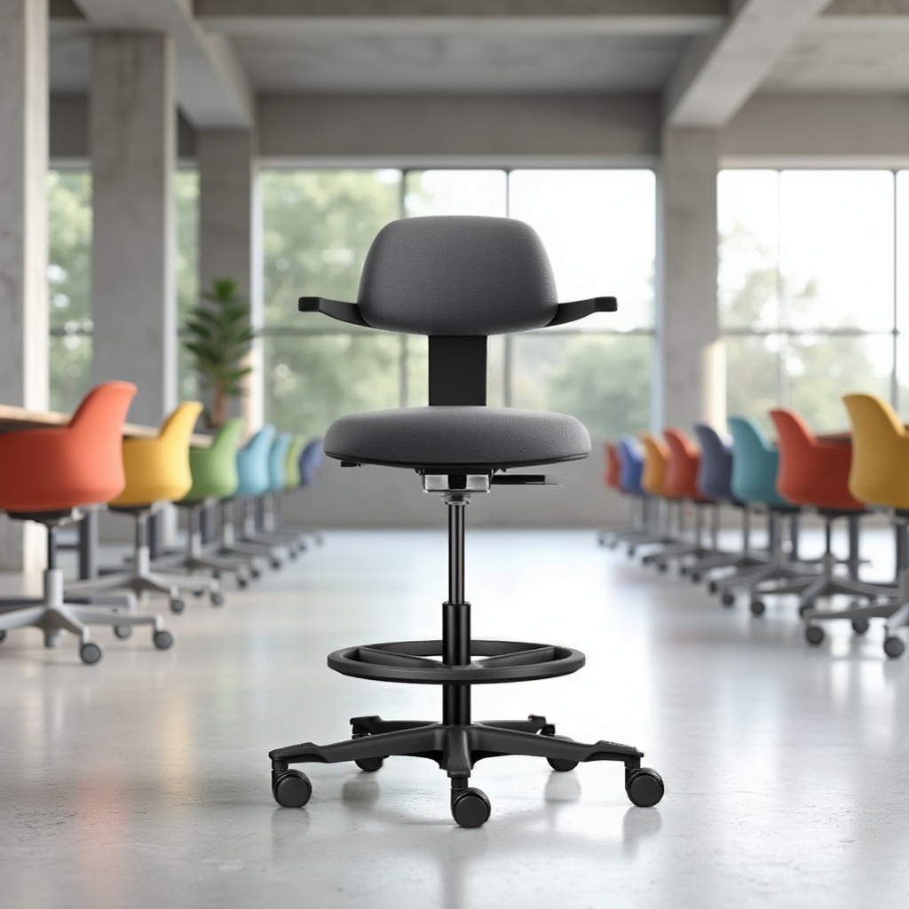 Zwarte ergonomische bureaustoel in een kantoor met diverse kleurrijke stoelen op de achtergrond.
