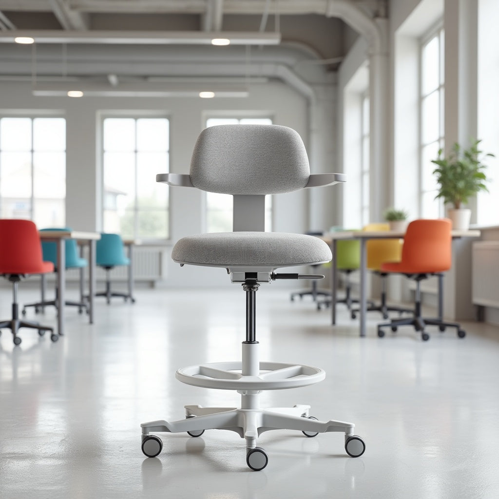 Witte kantoorstoel met ergonomisch ontwerp, voorzien van een zitting en rugleuning voor optimale ondersteuning.
