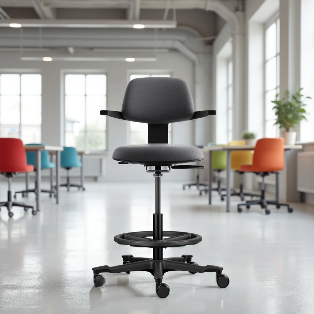 Een zwarte werkkruk in een kantoor vol met stoelen in verschillende kleuren, waaronder de Backerz bureaustoel.