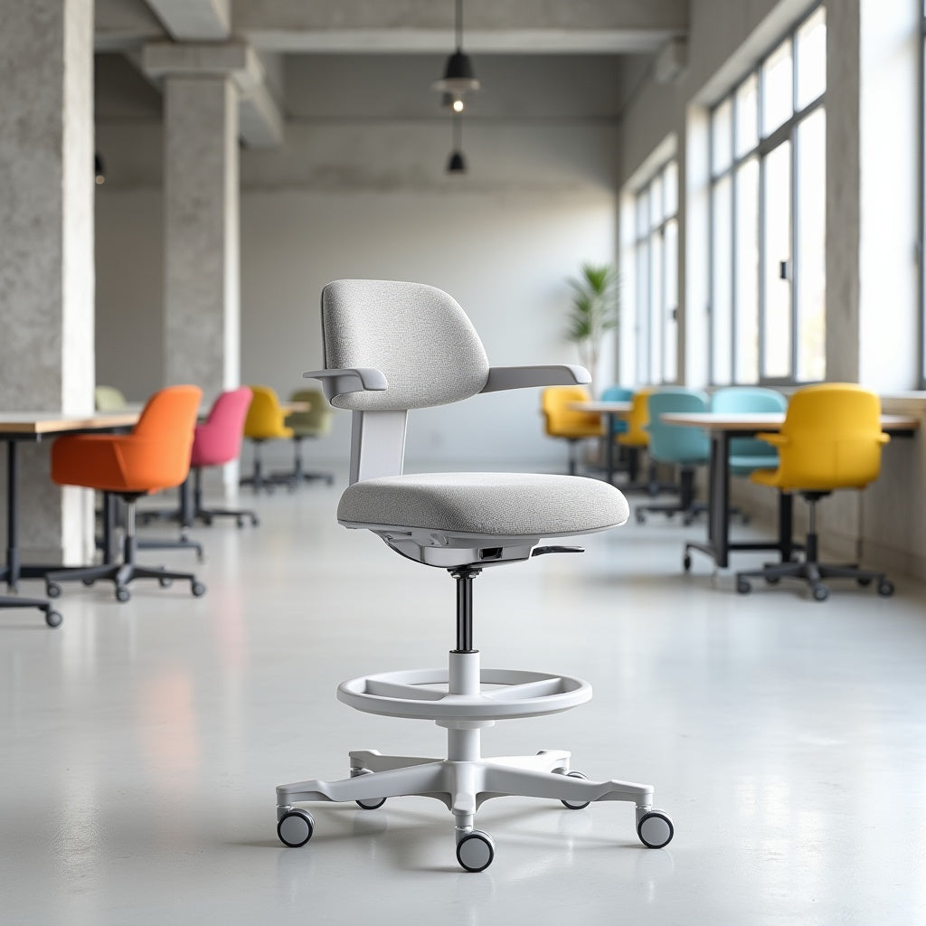 Witte ergonomische bureaustoel met een comfortabele zitting en rugleuning, ideaal voor een kantooromgeving.