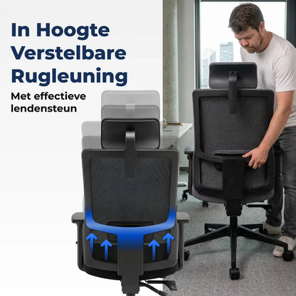 Backerz bureaustoel met in hoogte verstelbare rugleuning en effectieve lendensteun voor extra ondersteuning van de onderrug.