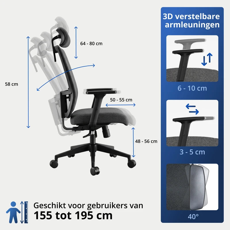 Backerz bureaustoel met afmetingen en verstelopties, inclusief 3D verstelbare armleuningen, kantelbare rugleuning en geschikt voor gebruikers van 155 tot 195 cm.