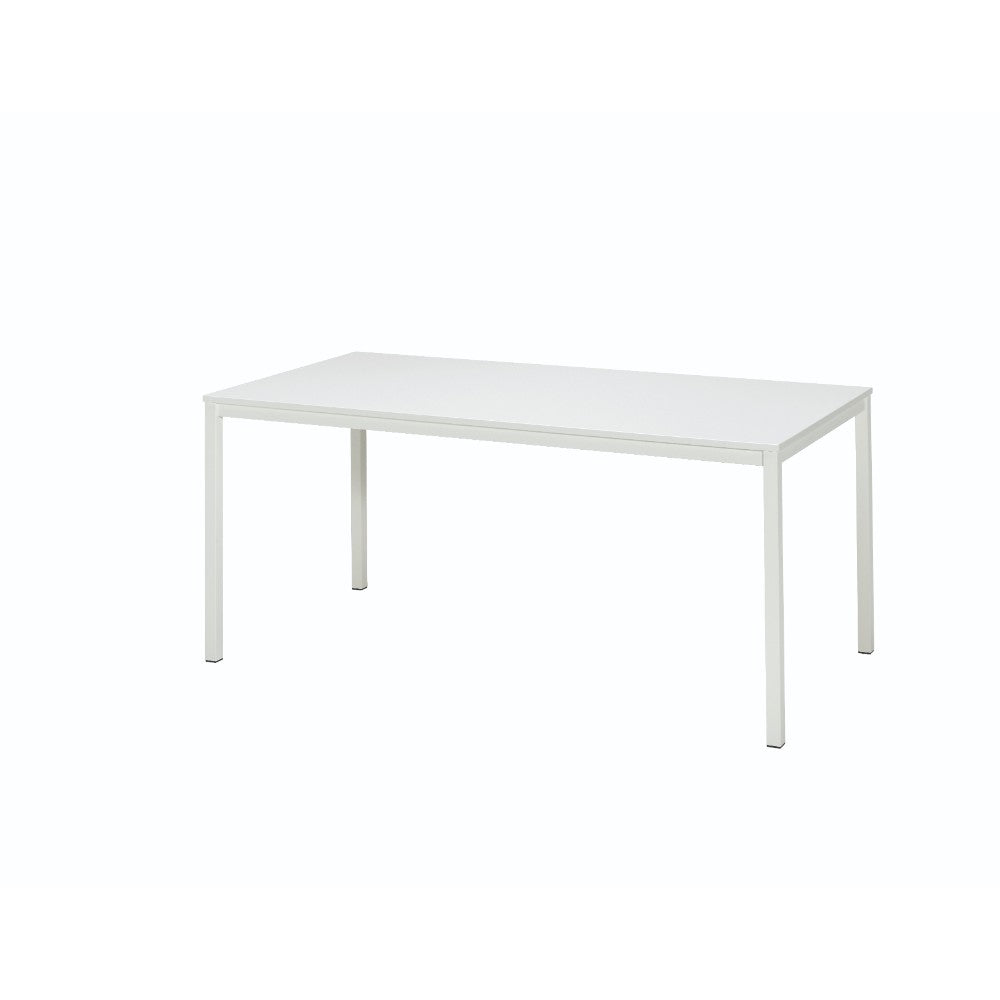 Witte rechthoekige tafel met een metalen frame en een witte bovenkant, perfect voor elke moderne inrichting.