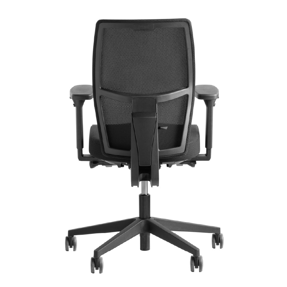 Moderne zwarte bureaustoel met gaasrug, perfect voor een professionele en comfortabele werkplek.