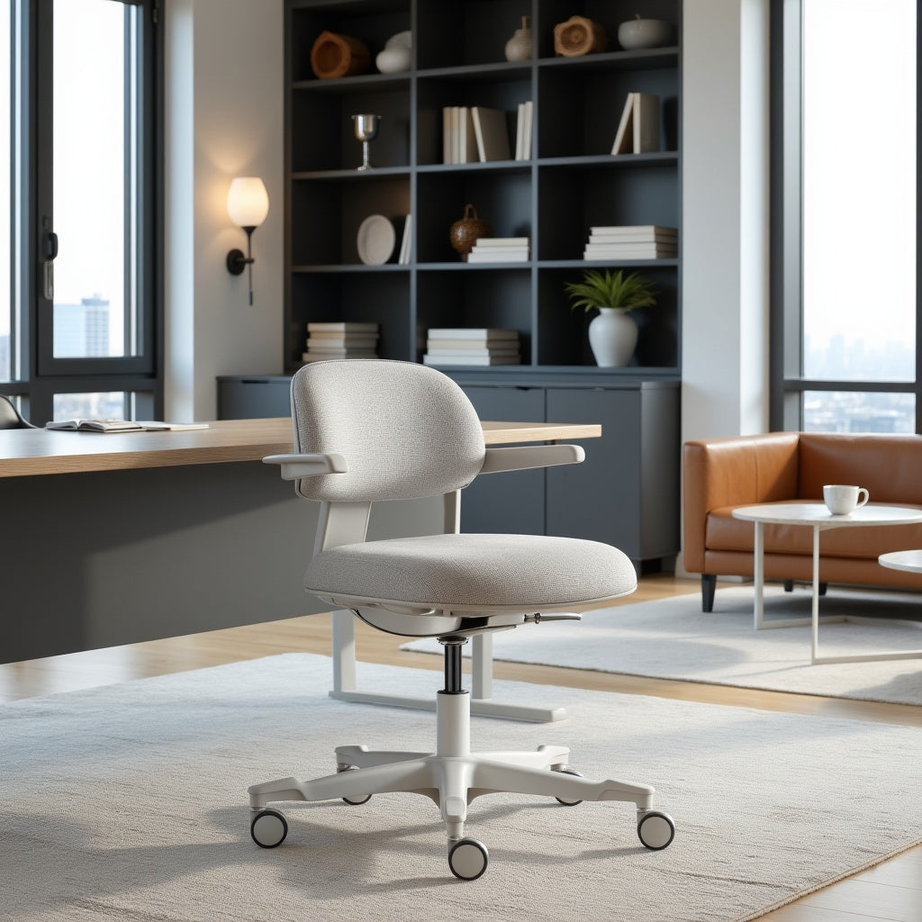 Witte bureaustoel met ergonomische kenmerken, inclusief een comfortabele zitting en armleuningen voor ondersteuning. 