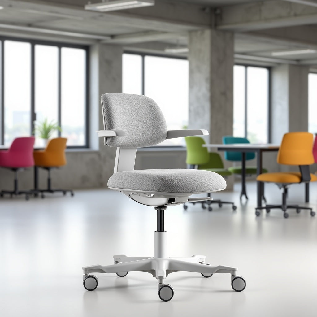 Witte bureaustoel met ergonomisch ontwerp, voorzien van een comfortabele zitting en armleuningen.