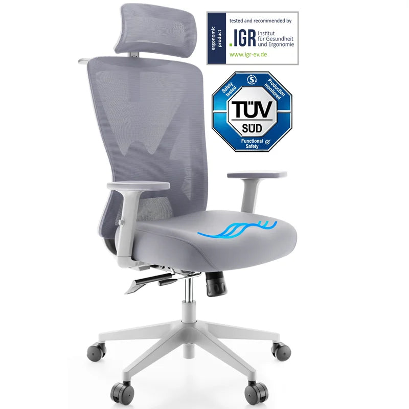 Witte Ergonomische bureaustoel van Backerz, ontworpen voor comfort en ondersteuning tijdens het werken.